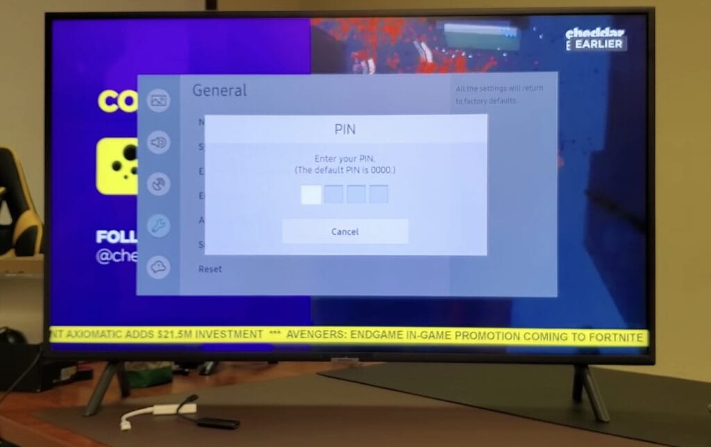 Photo of samsung tv asking for pin to proceed to factory reset