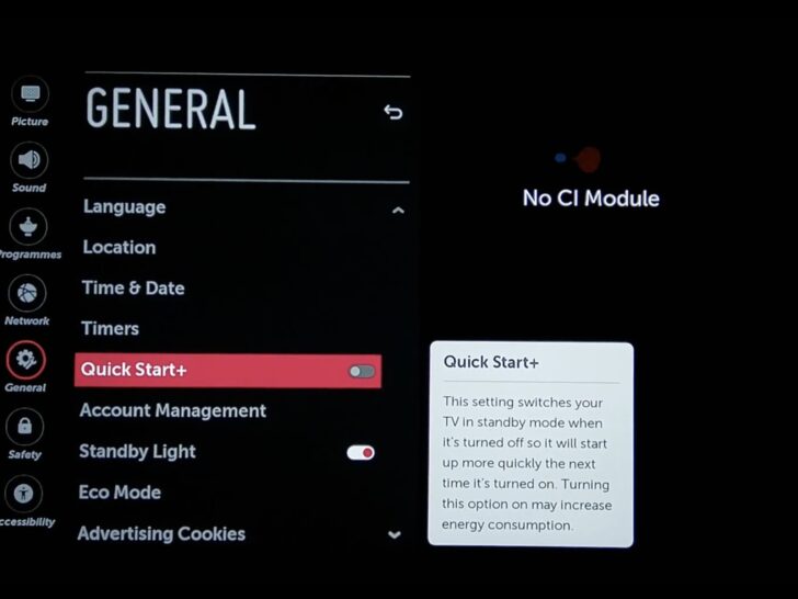 Photo of the quick start feature on lg tv