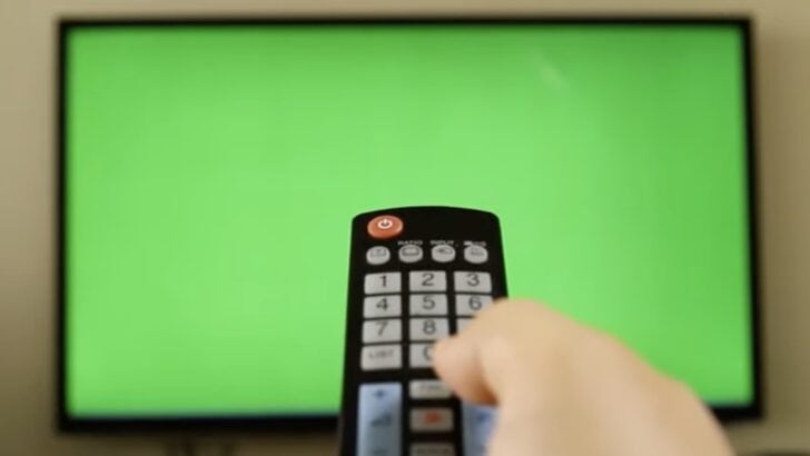 Photo of person holding remote in front of a tv green screen