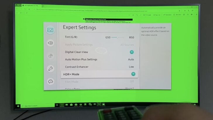 Photo of person disabling hdr+ mode on samsung tv