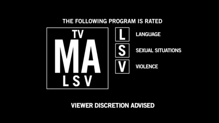 Image of tv-ma rating with l, s, v content descriptor warning before a tv show