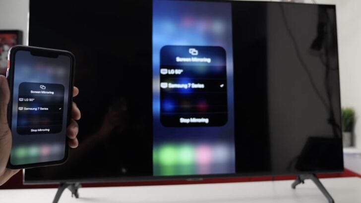 Photo of person using airplay to screencast a smartphone screen to a samsung tv