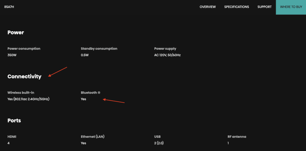 Photo of the connectivity specifications of a particular Hisense TV model on their website