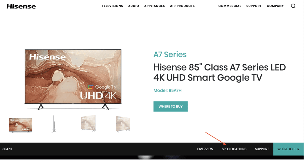 Photo of a specific TV model page in the Hisense website