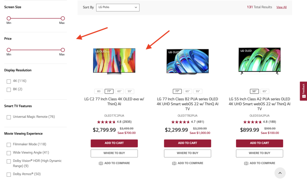 Photo of the LG website showing their TV models