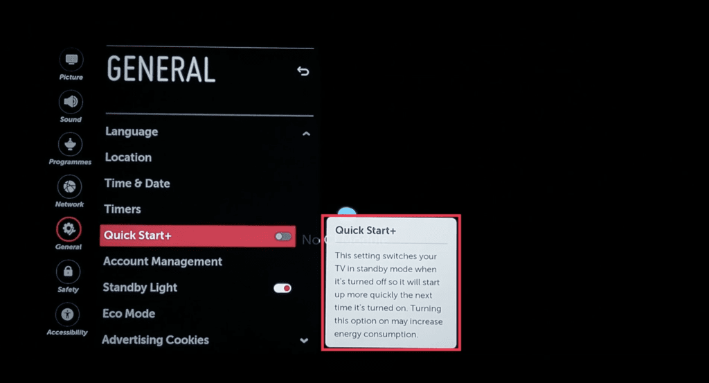 Photo of the Quick Start+ feature on an LG TV