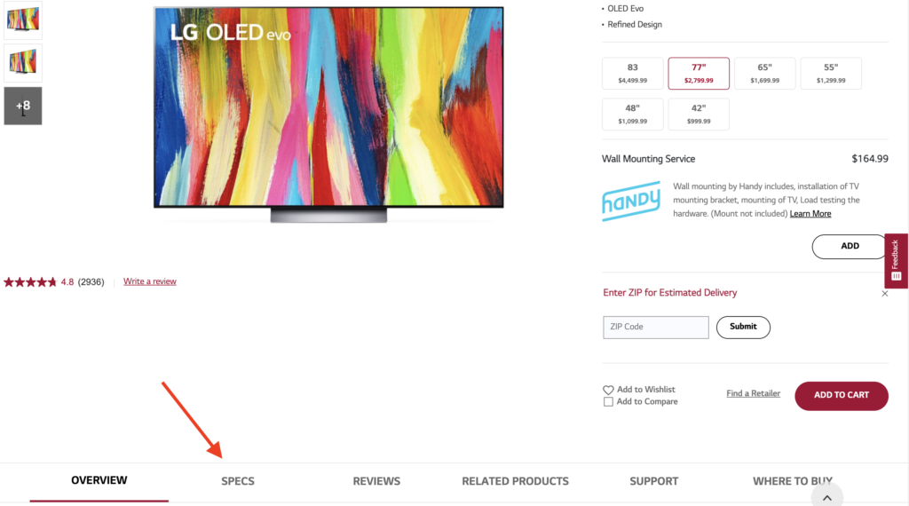 Photo of a specific TV model page in the LG website