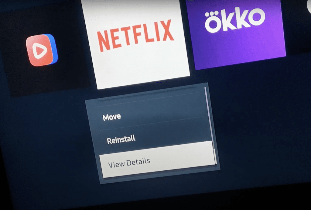 Photo of the View Details option of the Netflix app on a Samsung TV