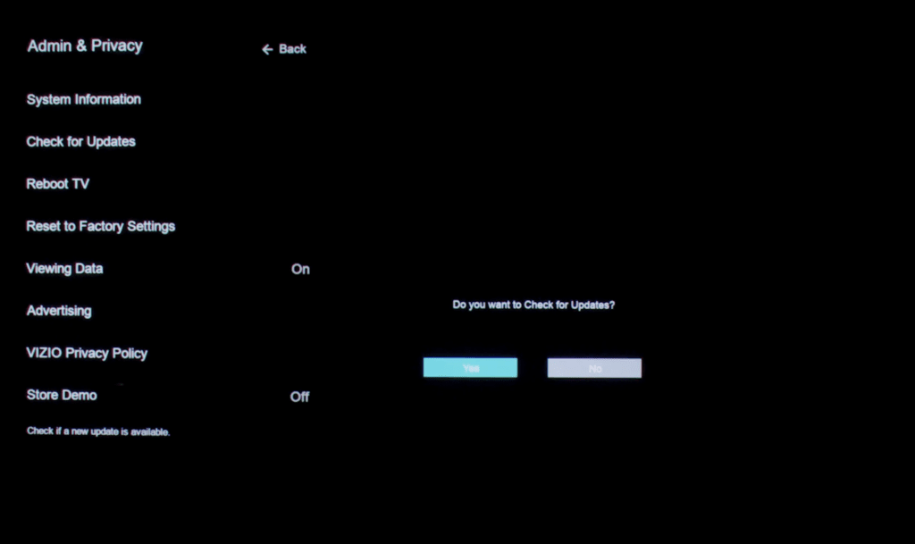 Photo of the firmware update settings on a Vizio TV