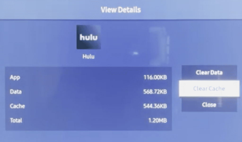 Photo of the clear cache options of a Hulu app in a Samsung TV