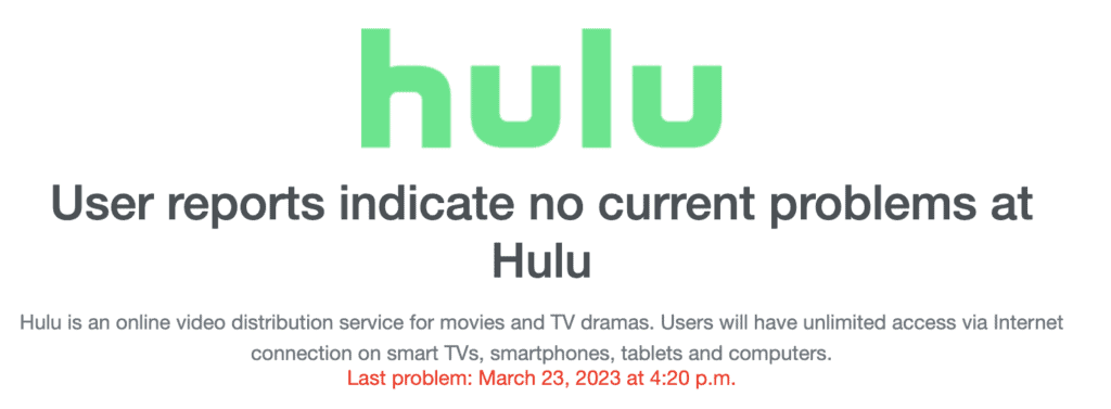 Screenshot of the Hulu server status in Downdetector