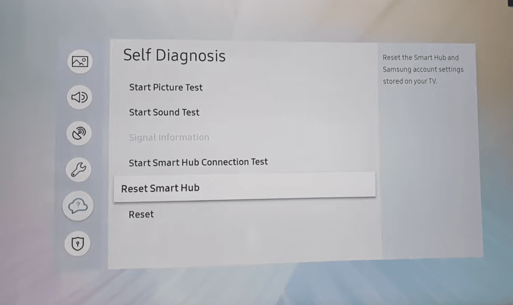 Photo of the Reset Smart Hub option in a Samsung TV