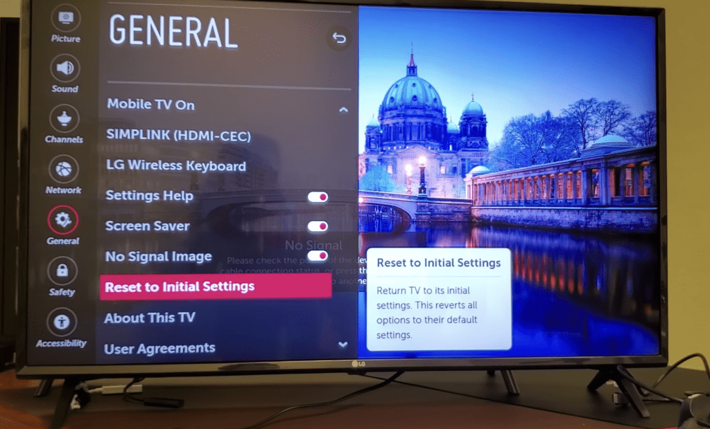 Photo of a Reset to Initial Settings option in an LG TV