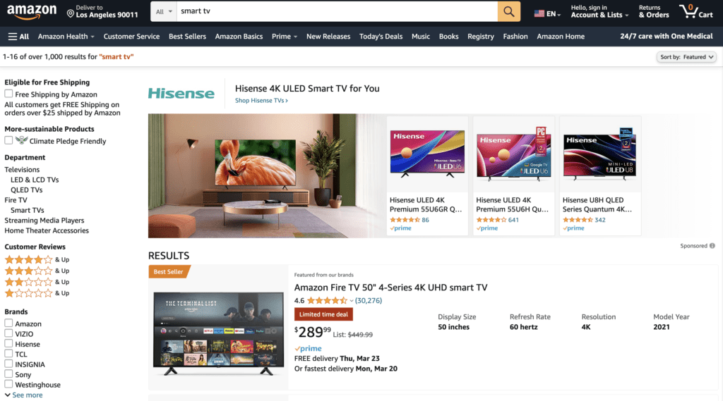 Photo of the results in Amazon when you search for a smart TV
