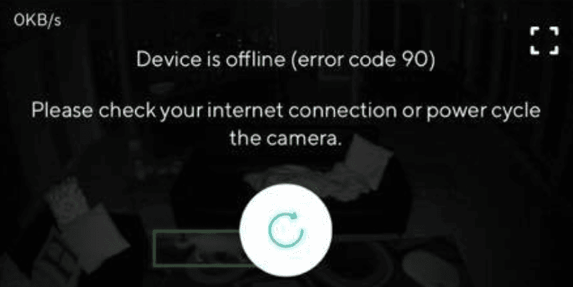 Screenshot of an error code 90 notification in the Wyze camera app