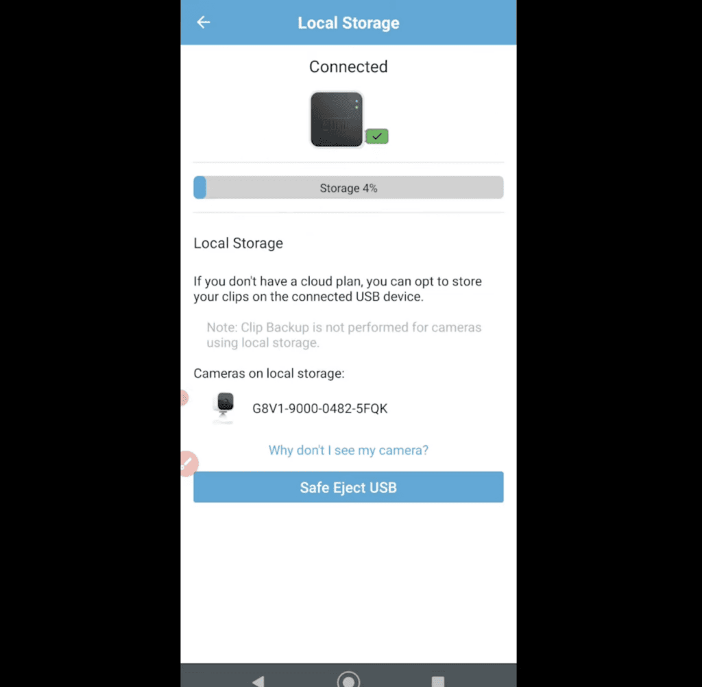 Screenshot of the Local Storage setting in the Blink app