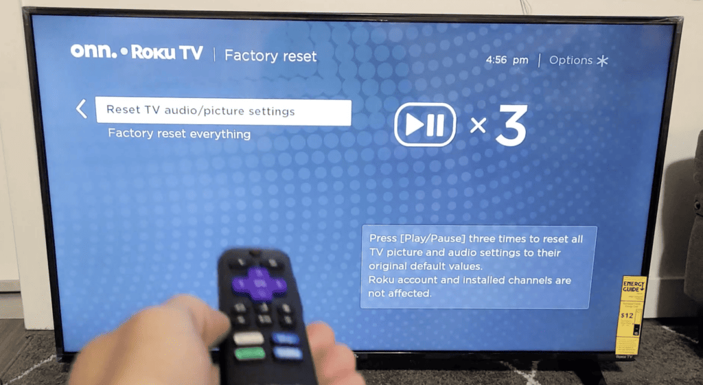 Photo of the Reset TV audio/picture settings option on a Roku device