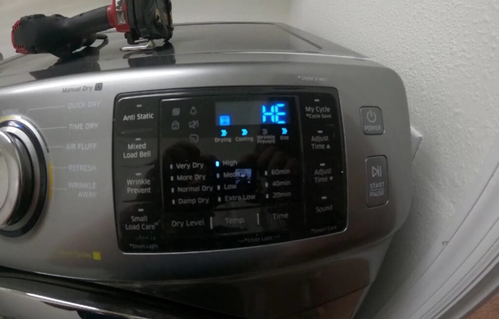 HE error code on the display of a Samsung dryer