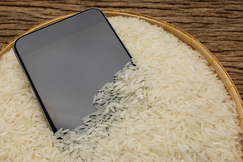 phone submerged in uncooked rice
