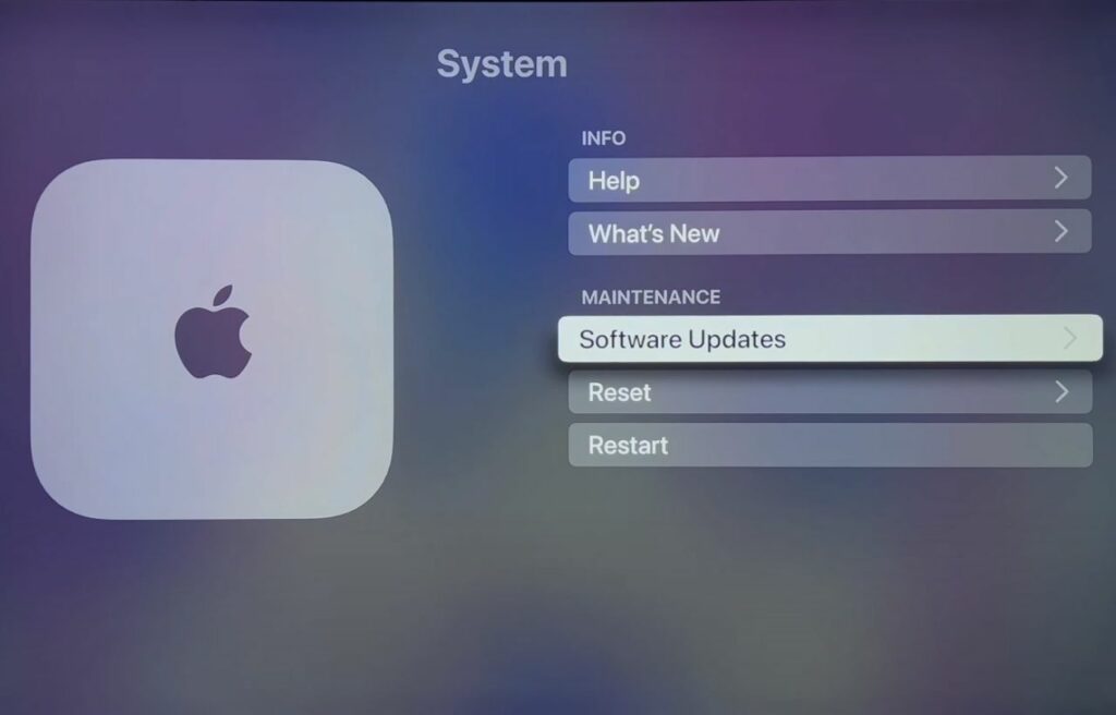 Screen showing Apple TV Software Updates