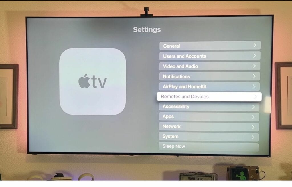 TV screen showing Remote and Devices in Apple TV Settings