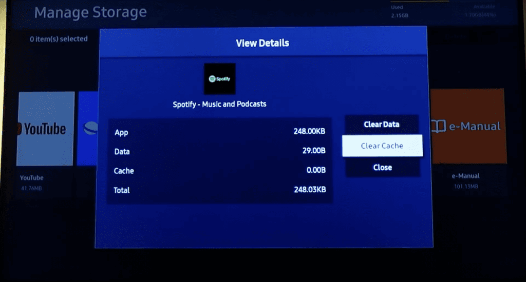 Clearing cache on an app in Samsung TV