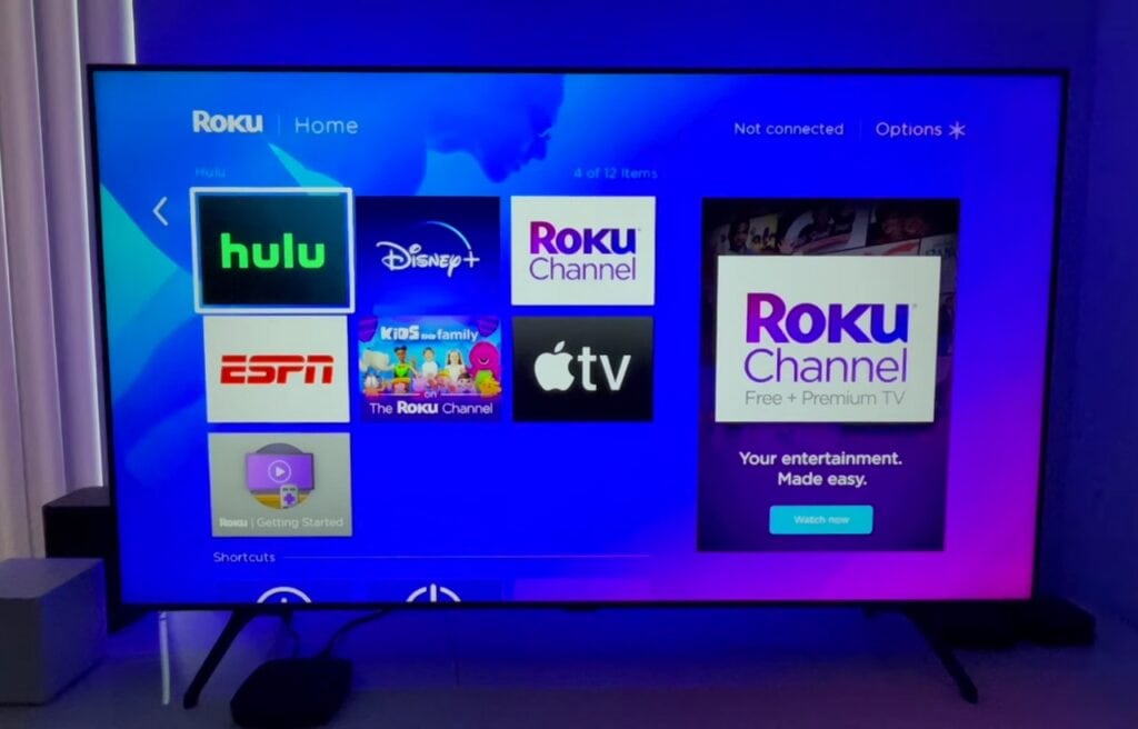 Roku home screen showing not connected