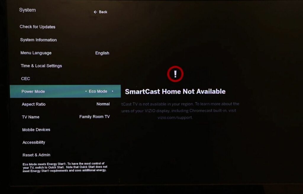 Vizio TV eco mode on settings on screen