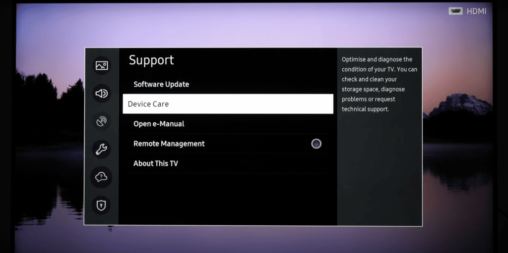 How to go to the support settings of Samsung TV