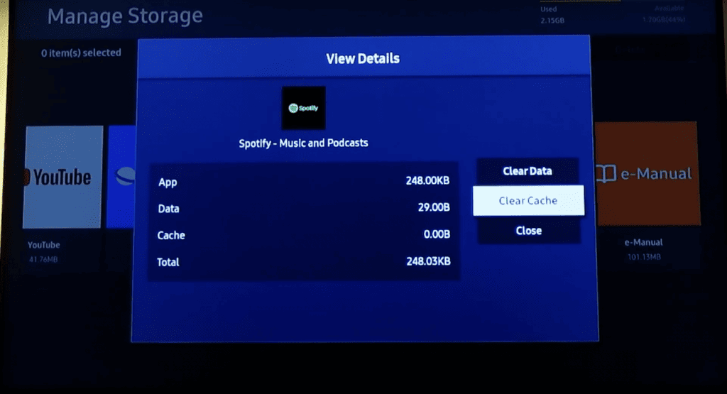 Clearing cache on Spotify in Samsung TV