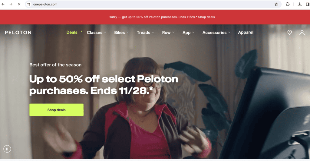 Homepage of the Peloton website