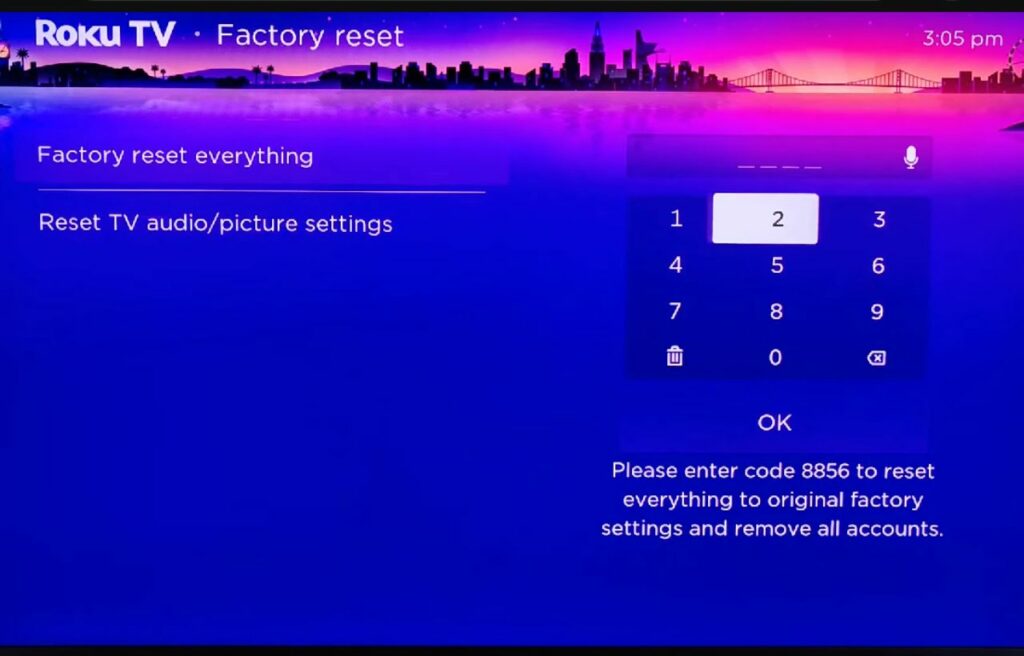 factory reset everything and reset TV audio/picture setting showing on screen