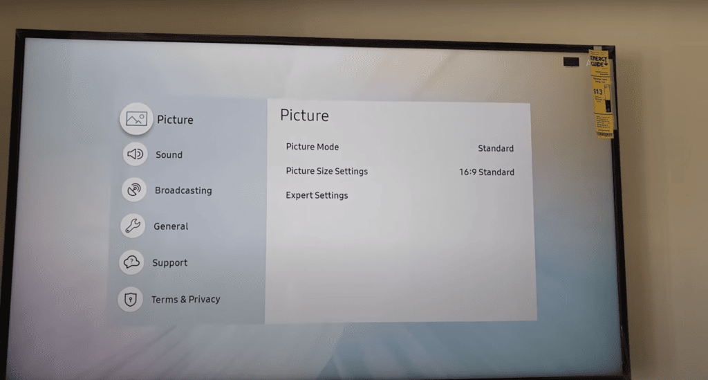 Samsung TV showing the picture setting