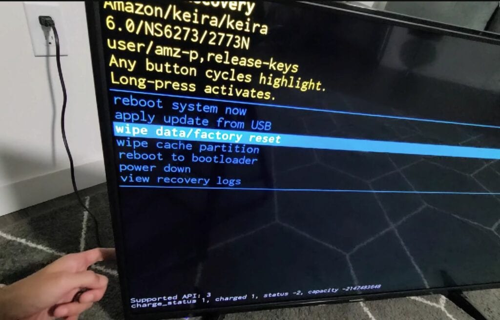 Recovery menu displayed on a Toshiba Fire TV