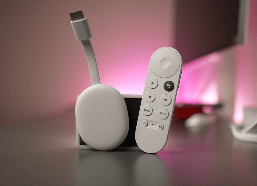Chromecast remote and Google TV on a table
