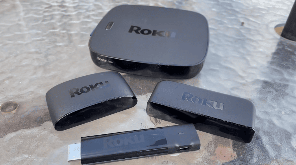 Different Roku streaming devices on a table